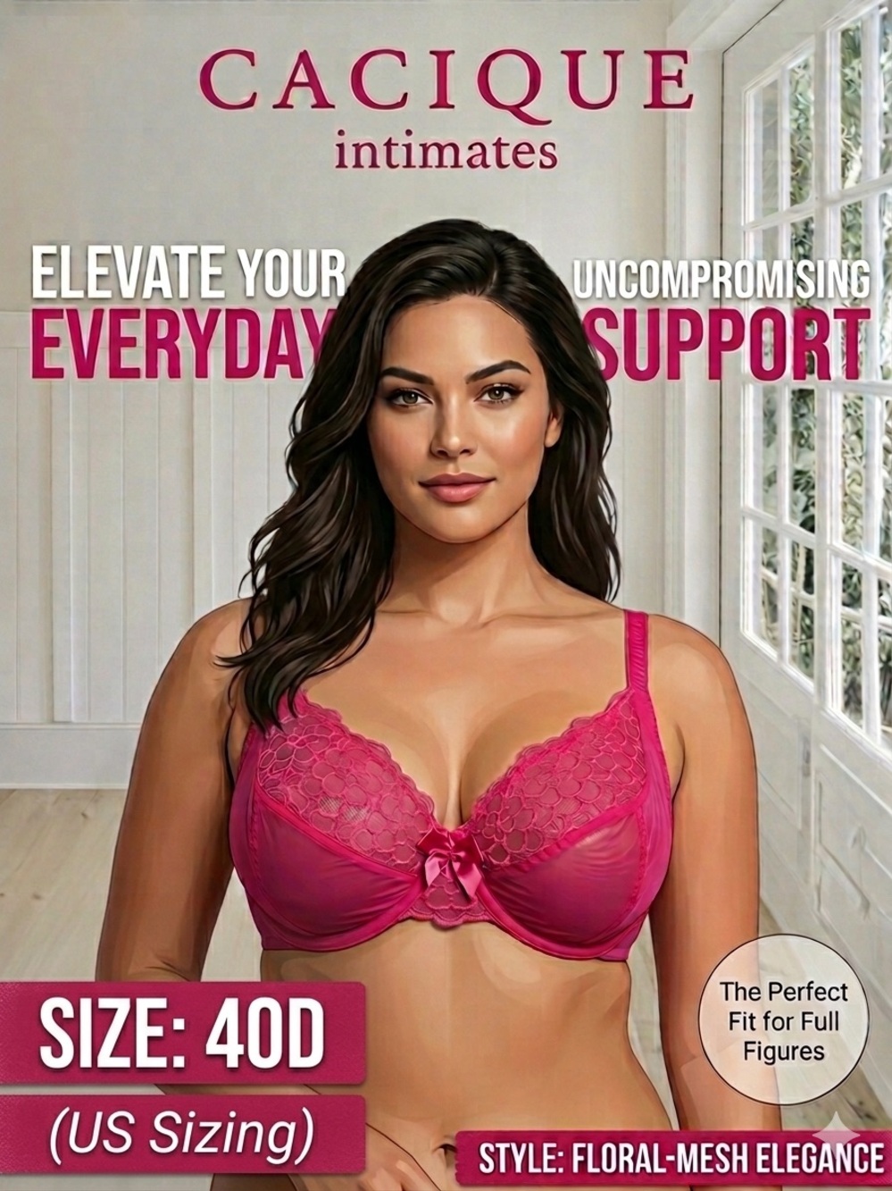 CACIQUE Women's Hot Pink Floral Lace Unlined Underwire Bra 40D Bow Accents